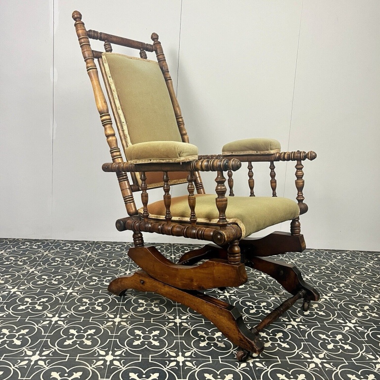 Antique Edwardian American Upholstered Rocking Chair, Living Room Decor