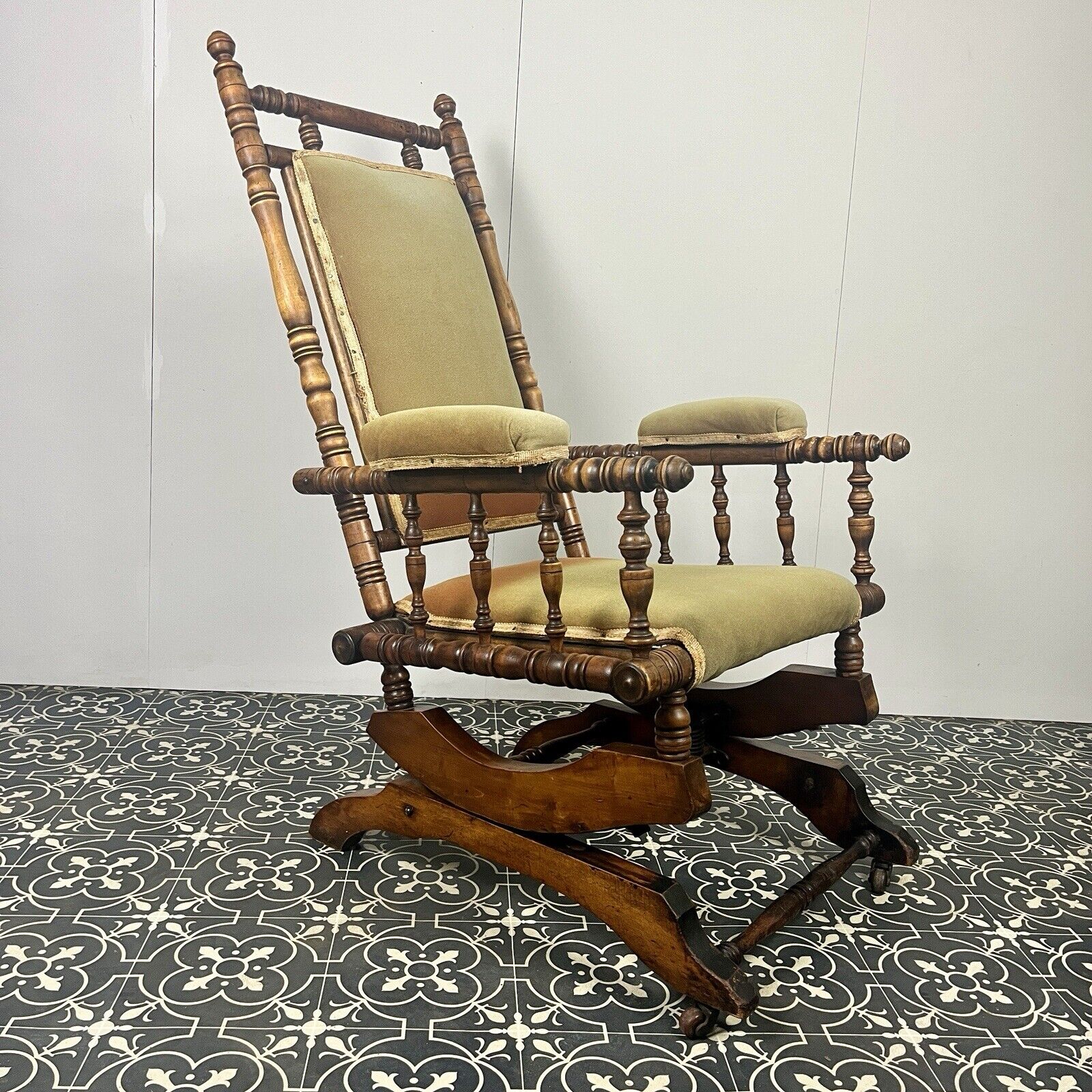 Antique Edwardian American Upholstered Rocking Chair, Living Room Decor