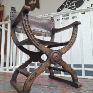 Early 20th Century Leather & Oak Curule/Gothic Armchair. Antique/Interiors.
