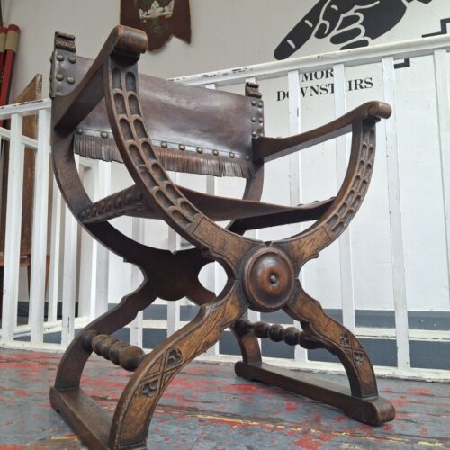Early 20th Century Leather & Oak Curule/Gothic Armchair. Antique/Interiors.