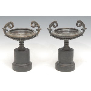 Pair Antique Louis XIV Style Patinated Bronze Urns 19th C Grand Tour Manner