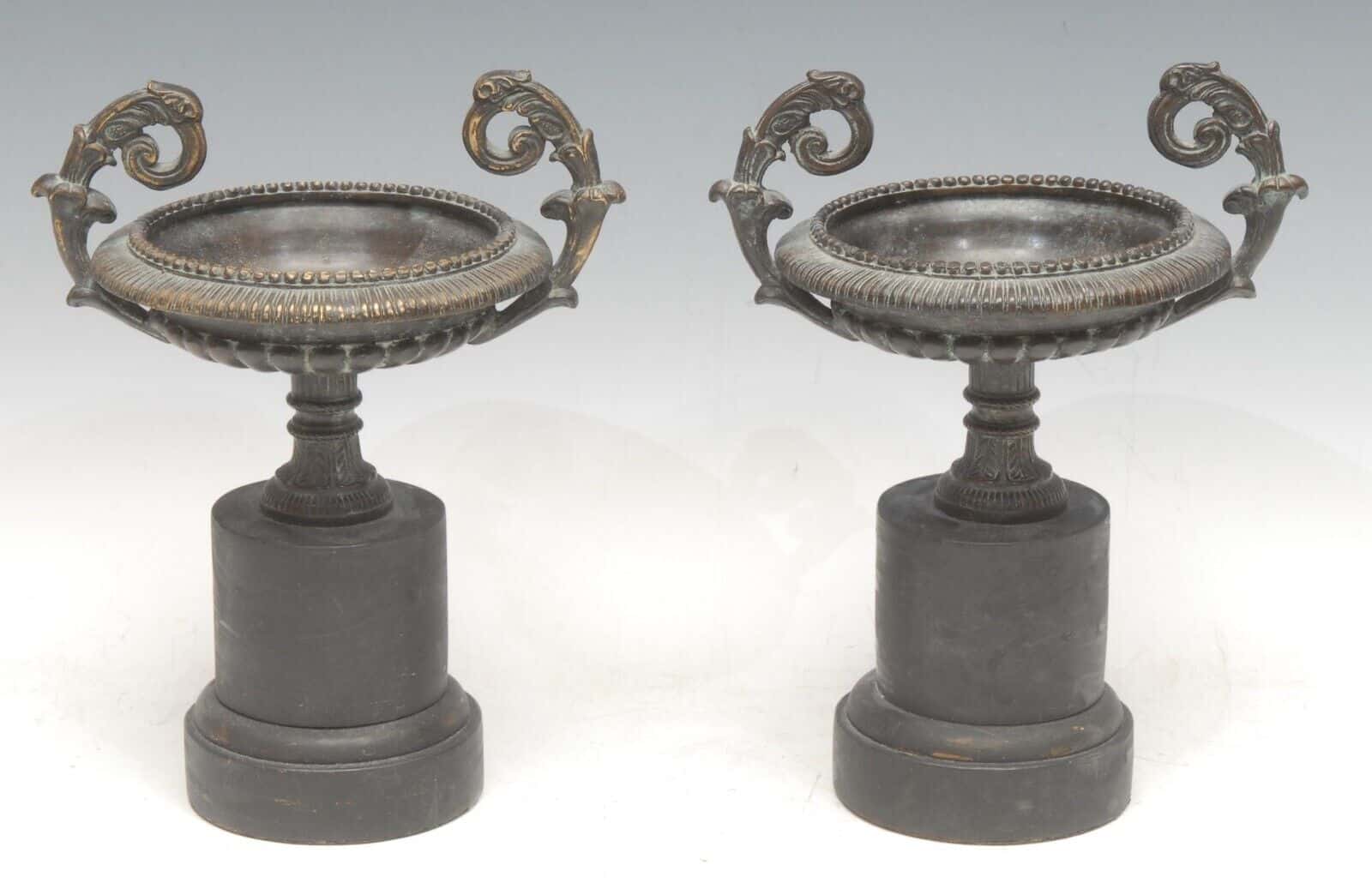 Pair Antique Louis XIV Style Patinated Bronze Urns 19th C Grand Tour Manner