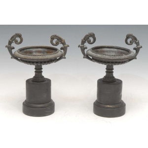 Pair Antique Louis XIV Style Patinated Bronze Urns 19th C Grand Tour Manner