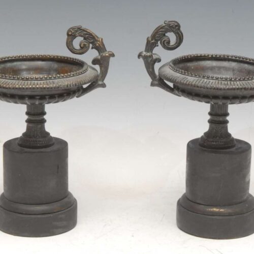 Pair Antique Louis XIV Style Patinated Bronze Urns 19th C Grand Tour Manner