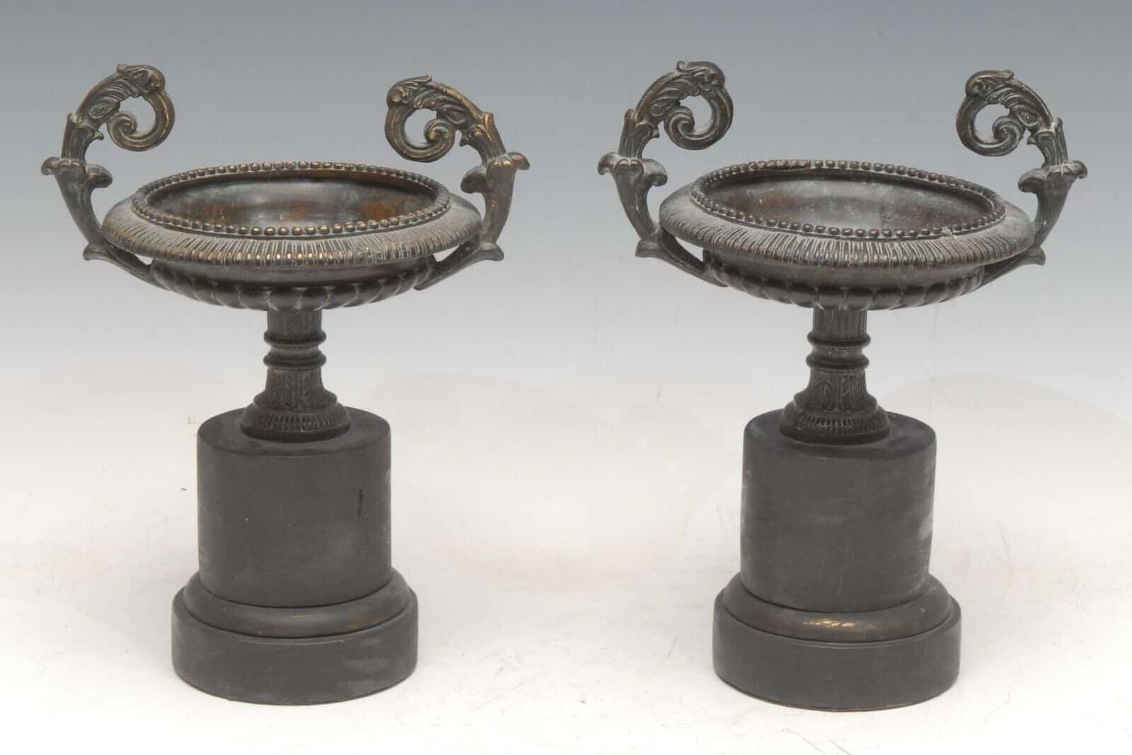 Pair Antique Louis XIV Style Patinated Bronze Urns 19th C Grand Tour Manner