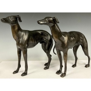 Pair Patinated Metal Bronzed Greyhound Sculptures Late 20th Century