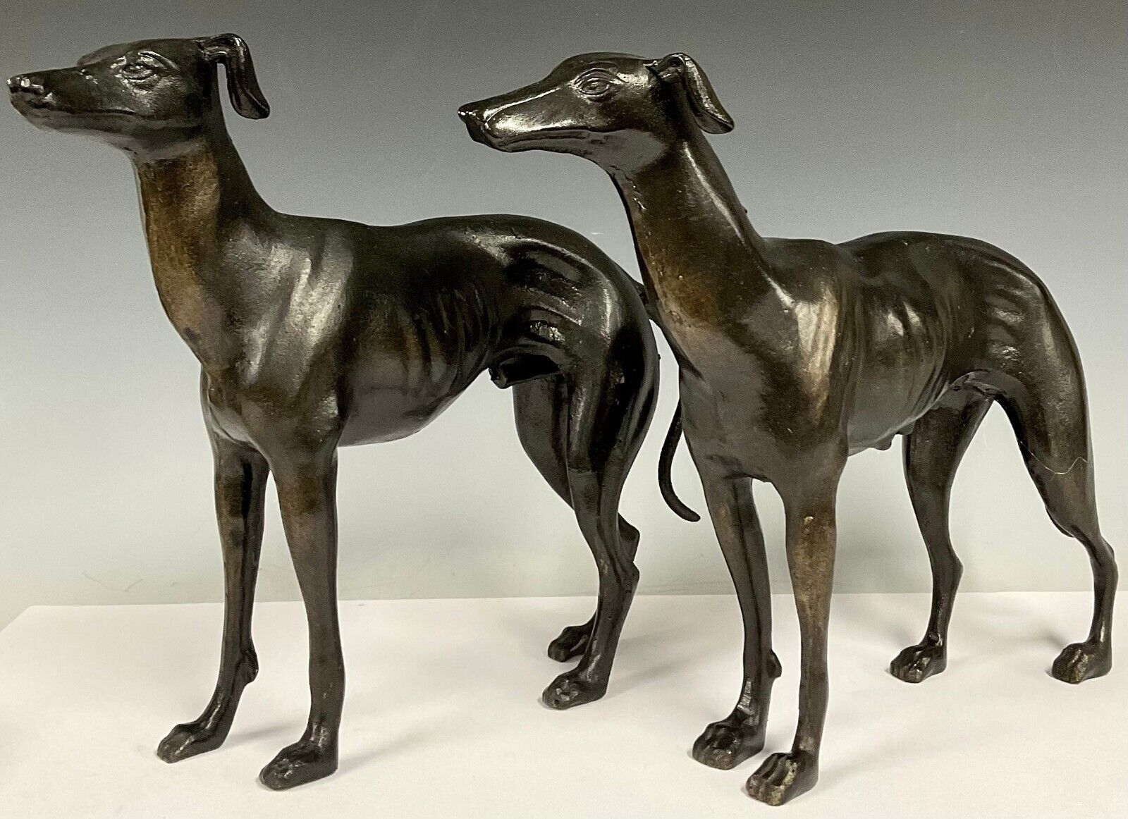 Pair Patinated Metal Bronzed Greyhound Sculptures Late 20th Century