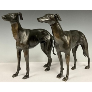 Pair Patinated Metal Bronzed Greyhound Sculptures Late 20th Century