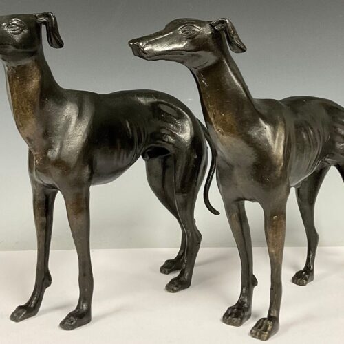 Pair Patinated Metal Bronzed Greyhound Sculptures Late 20th Century