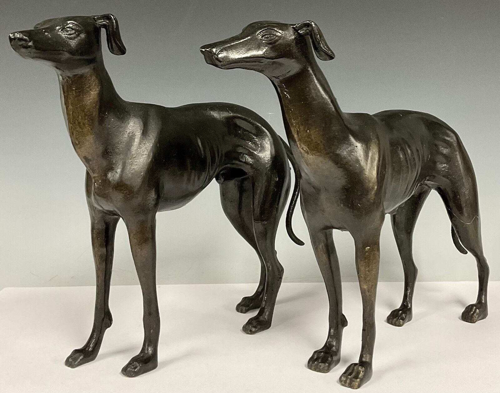 Pair Patinated Metal Bronzed Greyhound Sculptures Late 20th Century