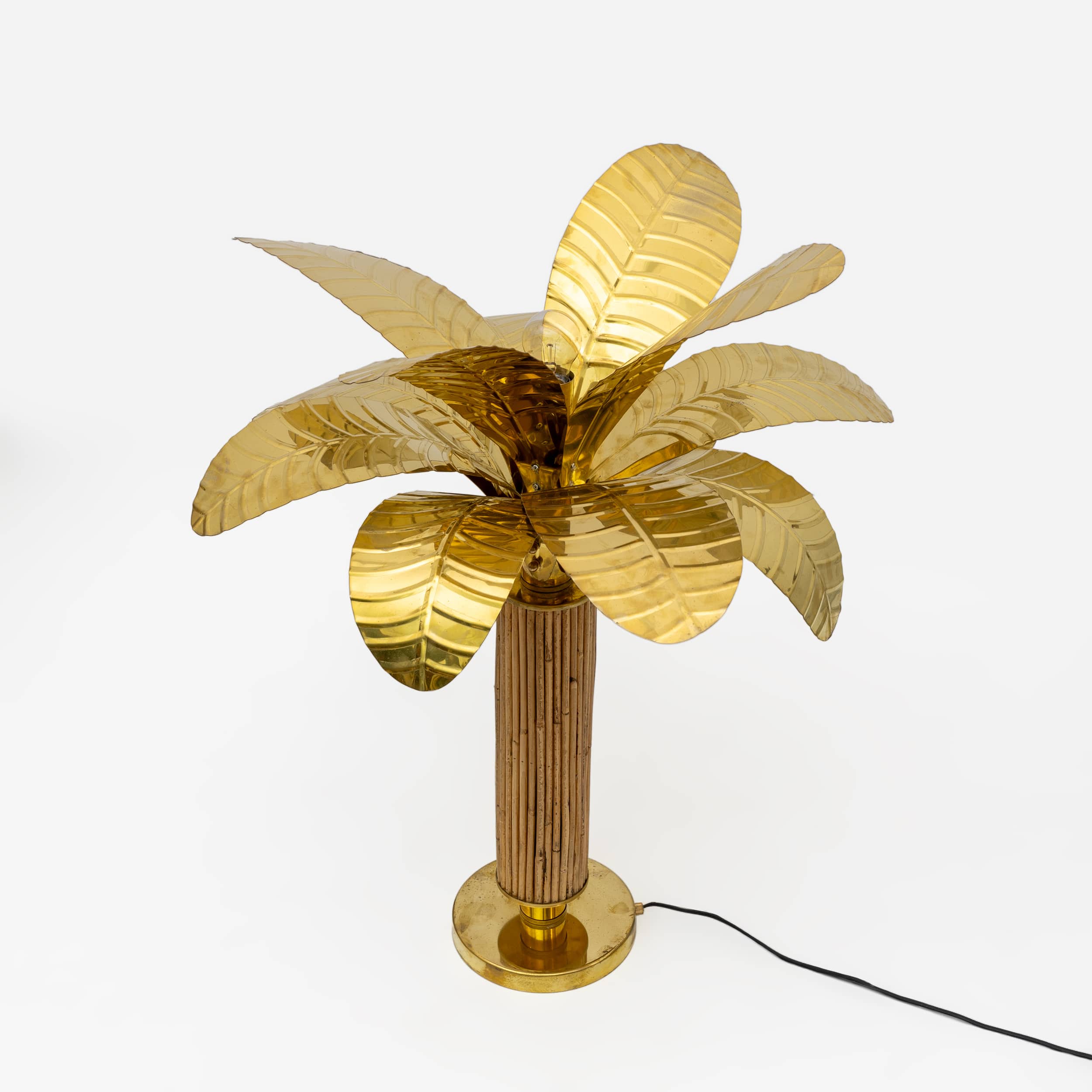 Pair of Mid-century Modern Italian Brass and Rattan Palm Tree Lamps, 1970s