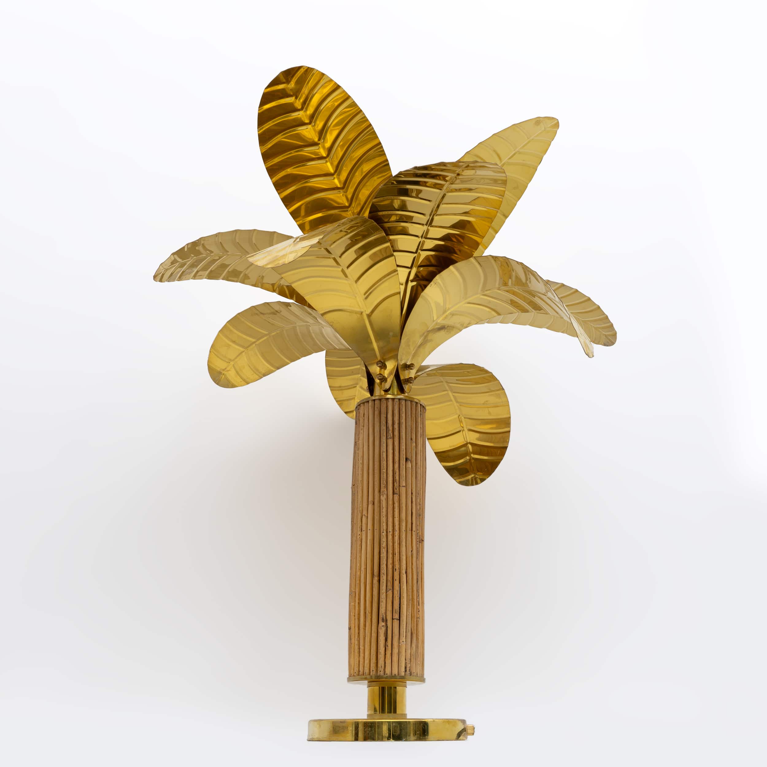 Pair of Mid-century Modern Italian Brass and Rattan Palm Tree Lamps, 1970s