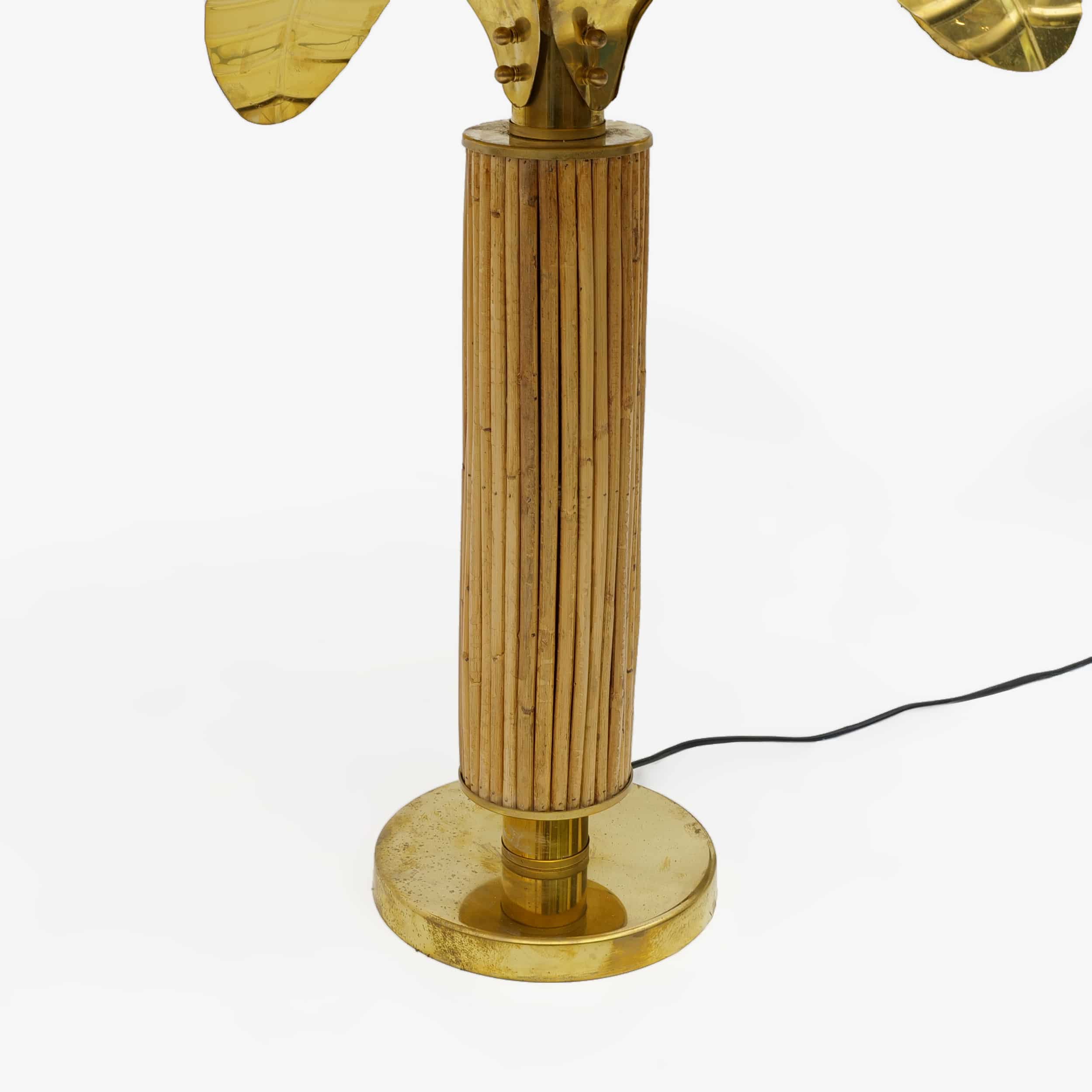 Pair of Mid-century Modern Italian Brass and Rattan Palm Tree Lamps, 1970s