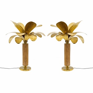 Pair of Mid-century Modern Italian Brass and Rattan Palm Tree Lamps, 1970s