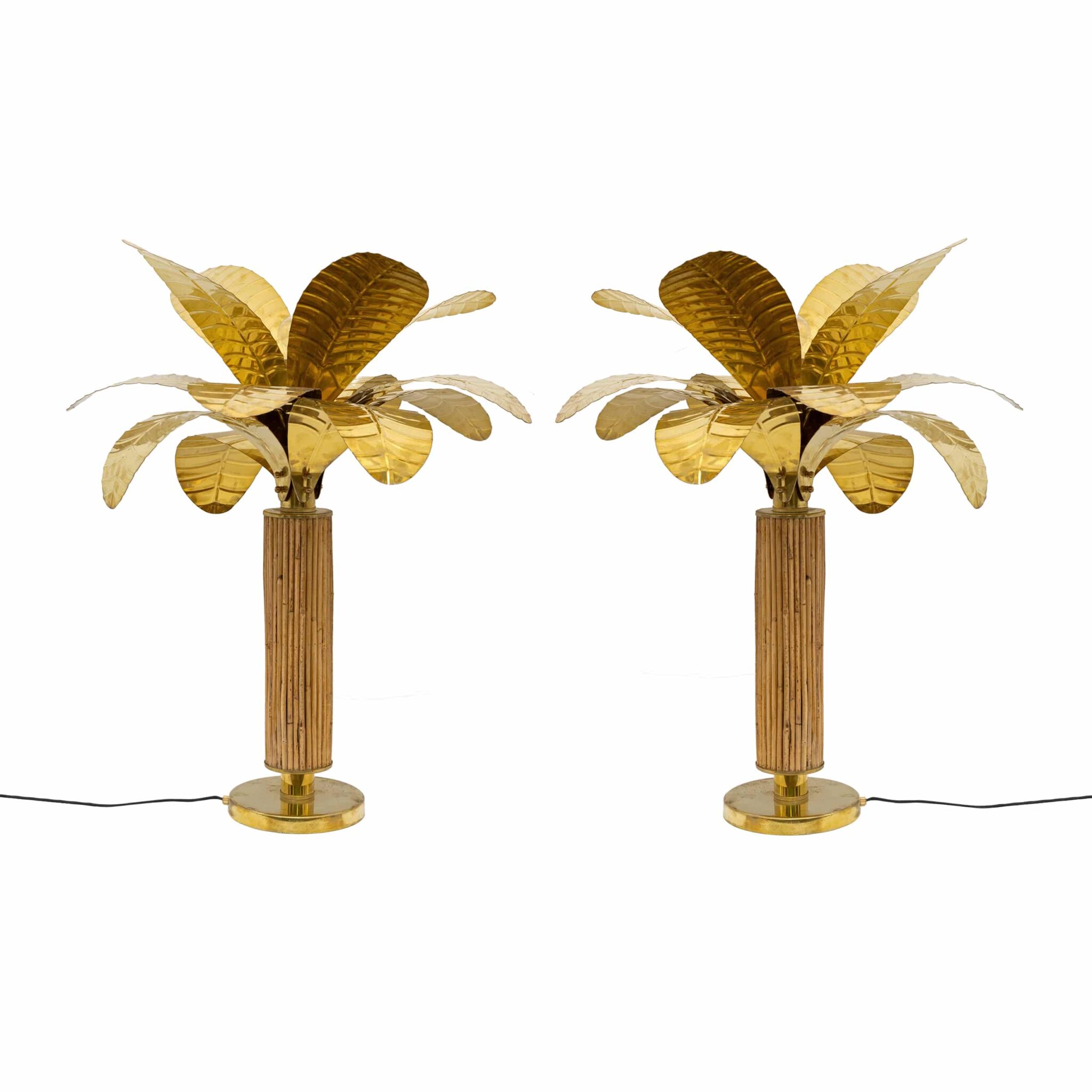 Pair of Mid-century Modern Italian Brass and Rattan Palm Tree Lamps, 1970s
