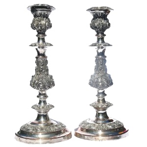 A very substantial pair of antique Georgian Old Sheffield silver plate Candlesticks 33cm C.1800