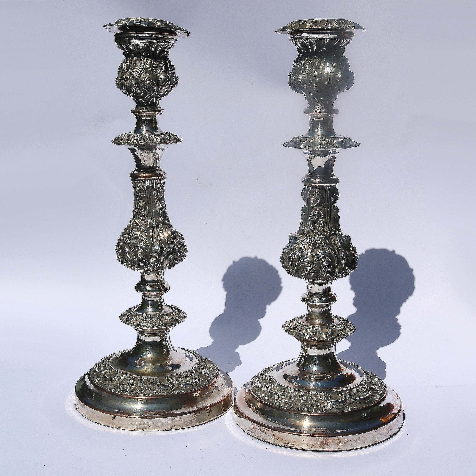 A very substantial pair of antique Georgian Old Sheffield silver plate Candlesticks 33cm C.1800