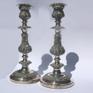 A very substantial pair of antique Georgian Old Sheffield silver plate Candlesticks 33cm C.1800