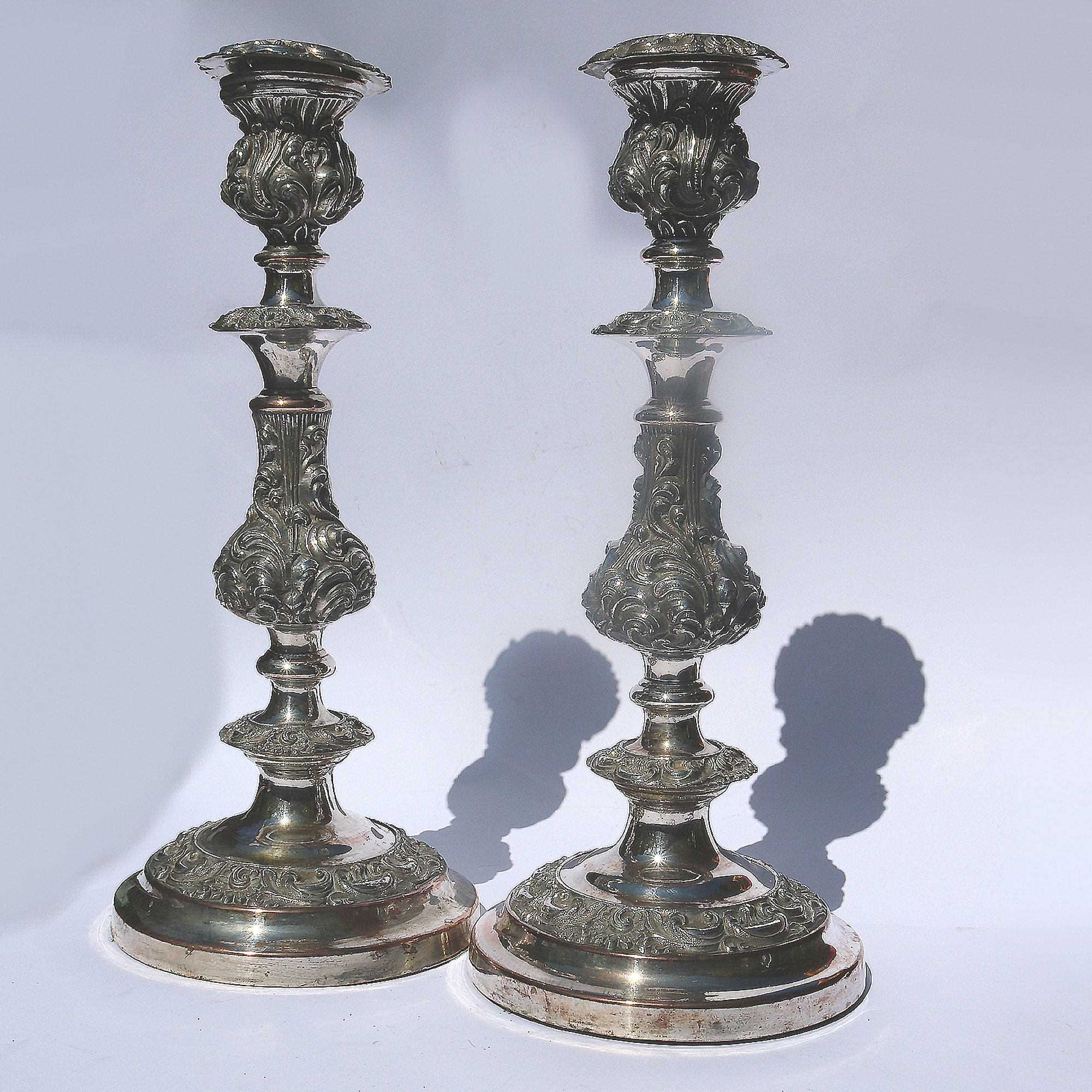 A very substantial pair of antique Georgian Old Sheffield silver plate Candlesticks 33cm C.1800