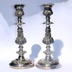 A very substantial pair of antique Georgian Old Sheffield silver plate Candlesticks 33cm C.1800