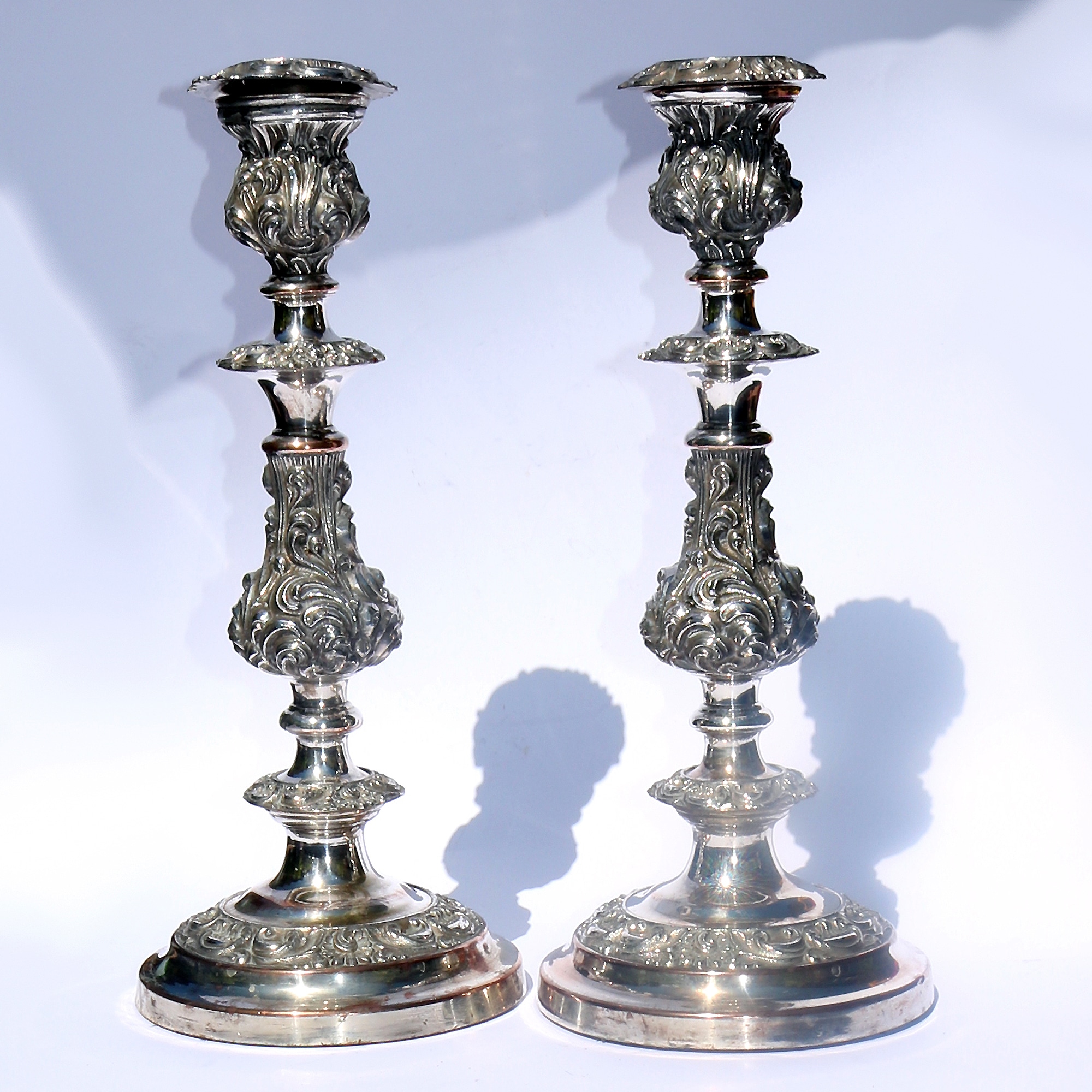 A very substantial pair of antique Georgian Old Sheffield silver plate Candlesticks 33cm C.1800