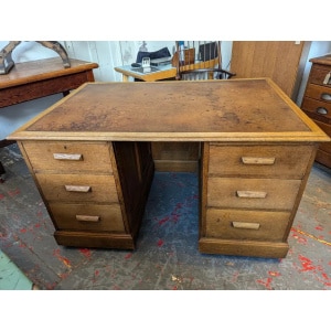 1940s Leather Topped Oak Partners Office Desk. Vintage/Antique