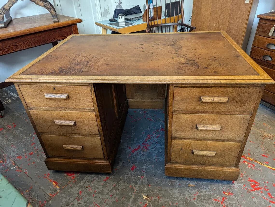 1940s Leather Topped Oak Partners Office Desk. Vintage/Antique