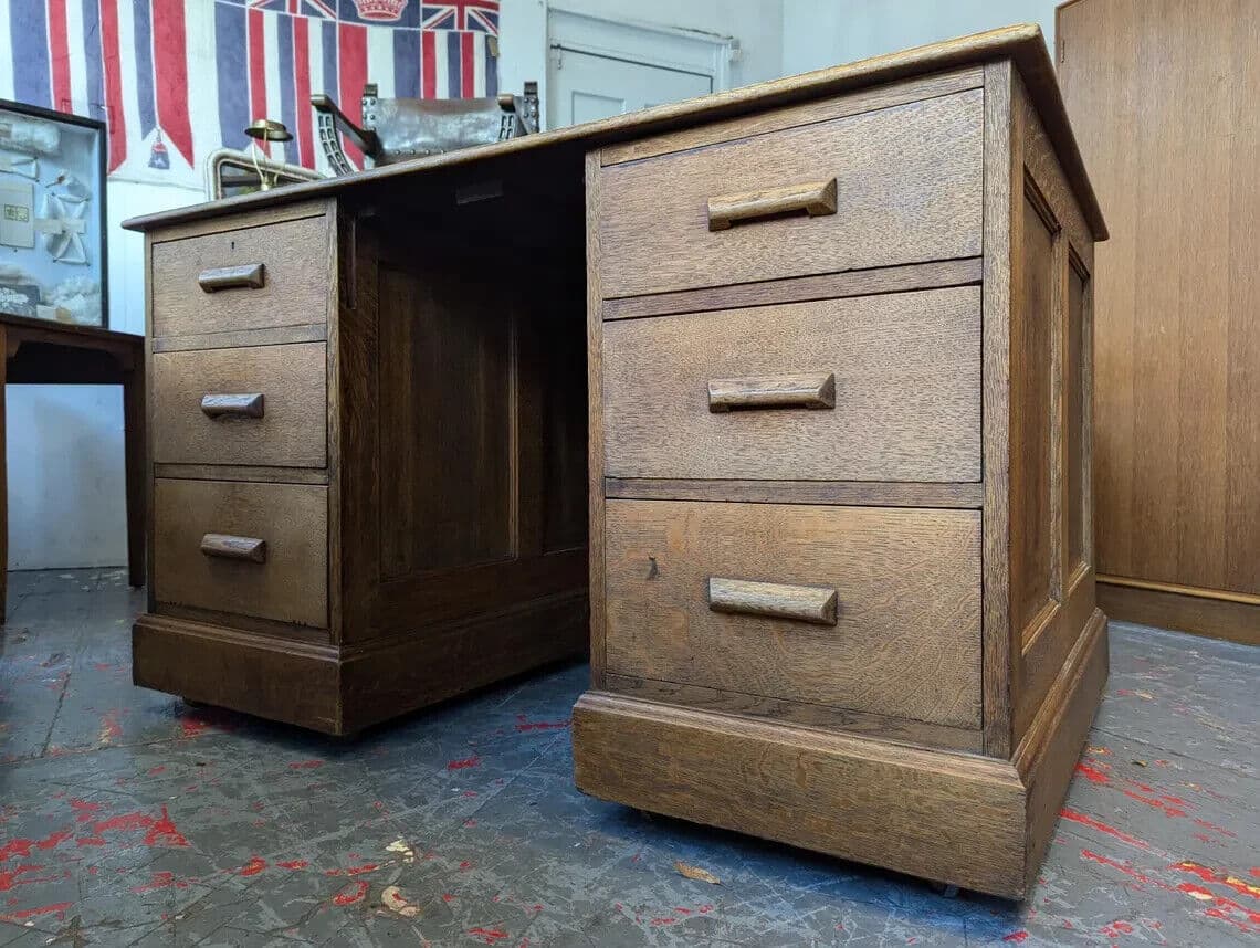 1940s Leather Topped Oak Partners Office Desk. Vintage/Antique