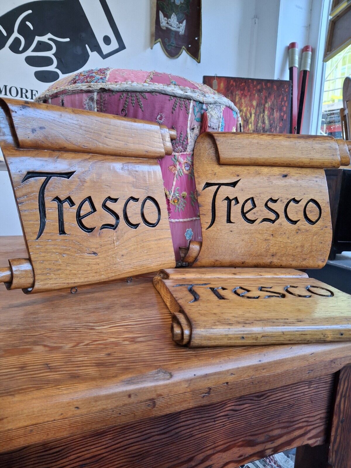 1950s Collection Of Hand Carved Sign Makers Samples In Oak. Vintage/Salvage/Art