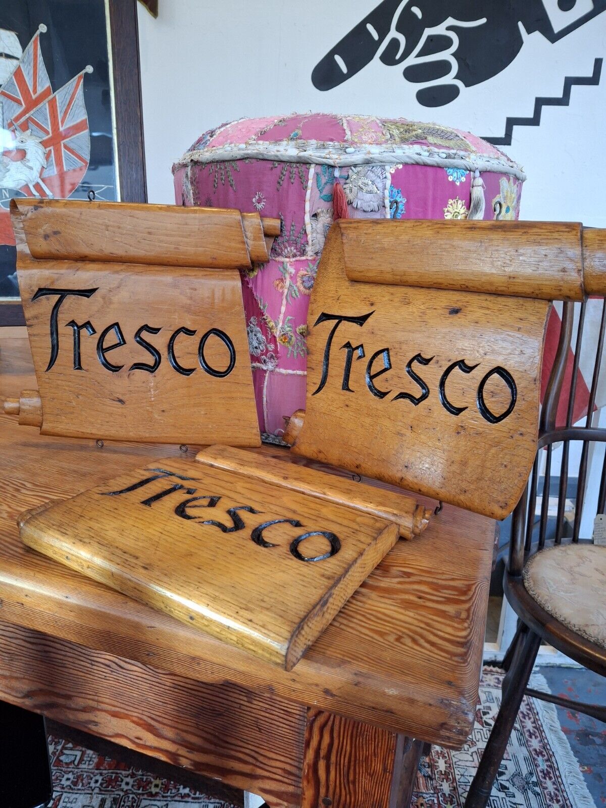 1950s Collection Of Hand Carved Sign Makers Samples In Oak. Vintage/Salvage/Art