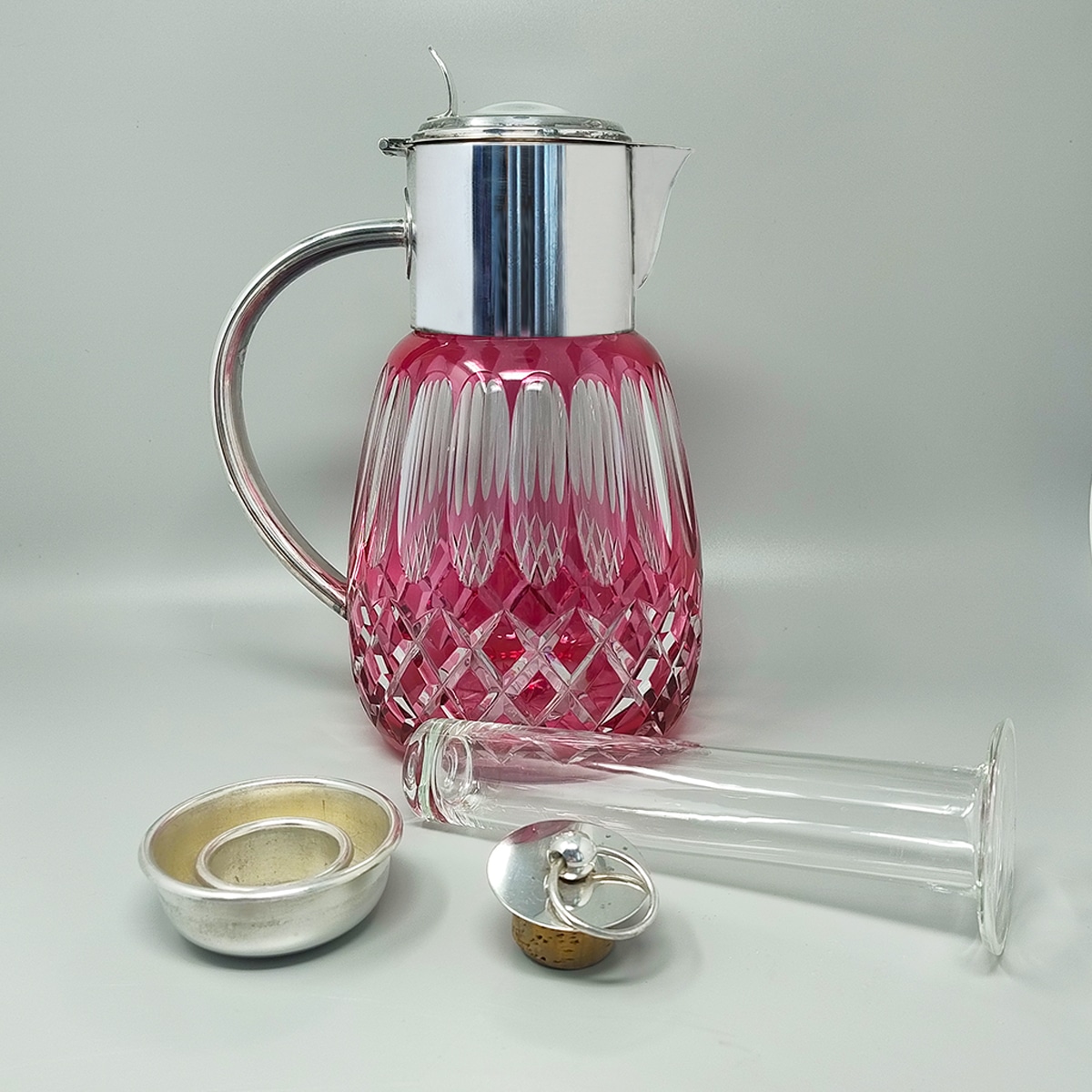 1960s Gorgeous Red Bohemian Cut Crystal Glass Pitcher. Made in Italy