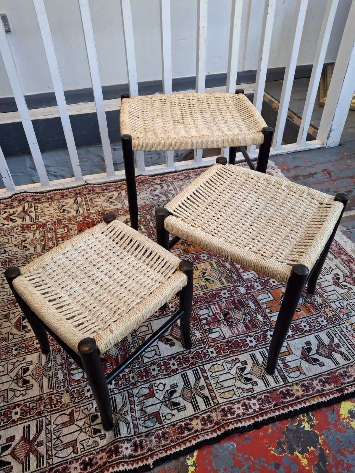 1970s Nest Of Three Ebonised Danish Tables/Stools. Vintage/Mid Century/Gio Ponti