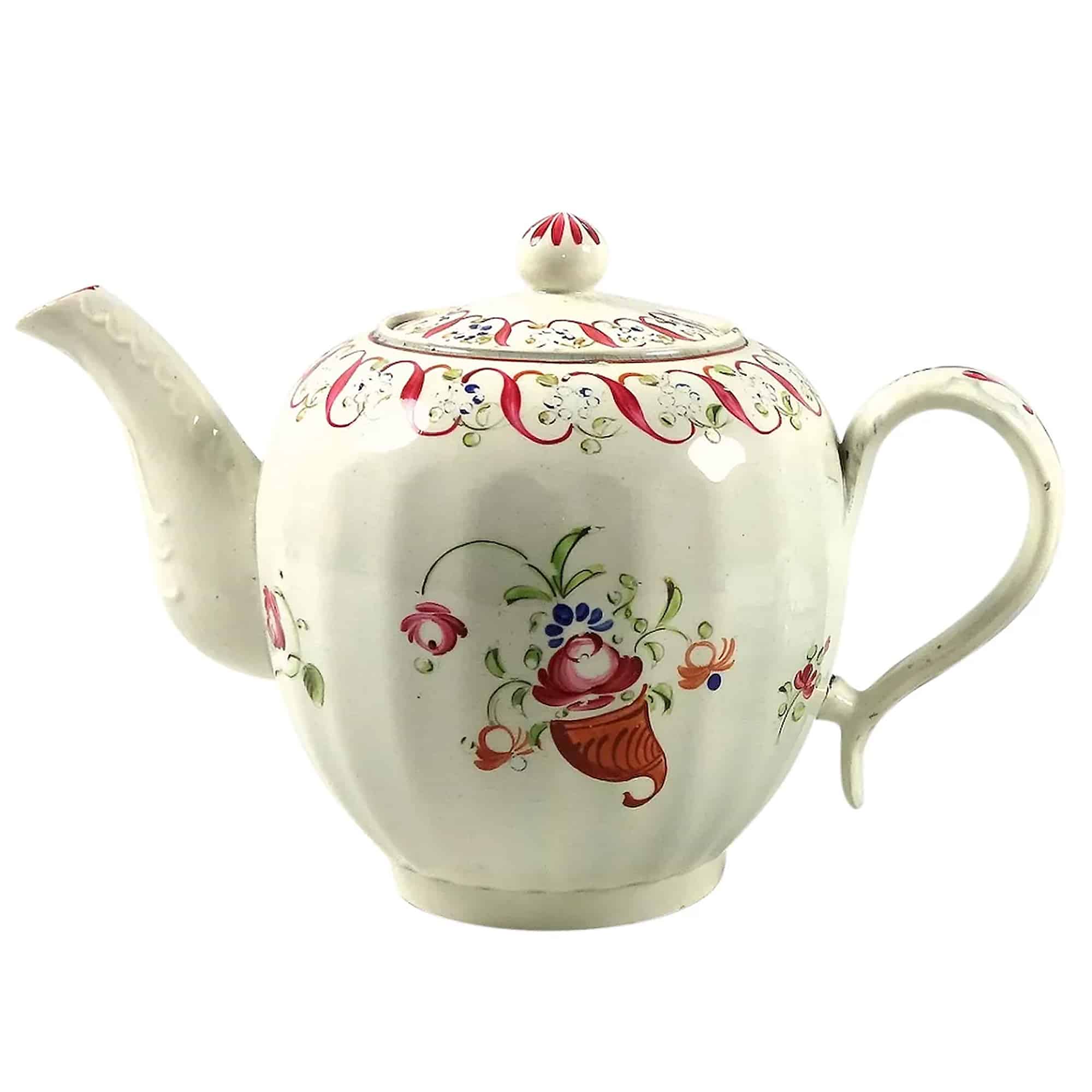 An English antique Georgian hand-painted pottery Liverpool Teapot C.1790