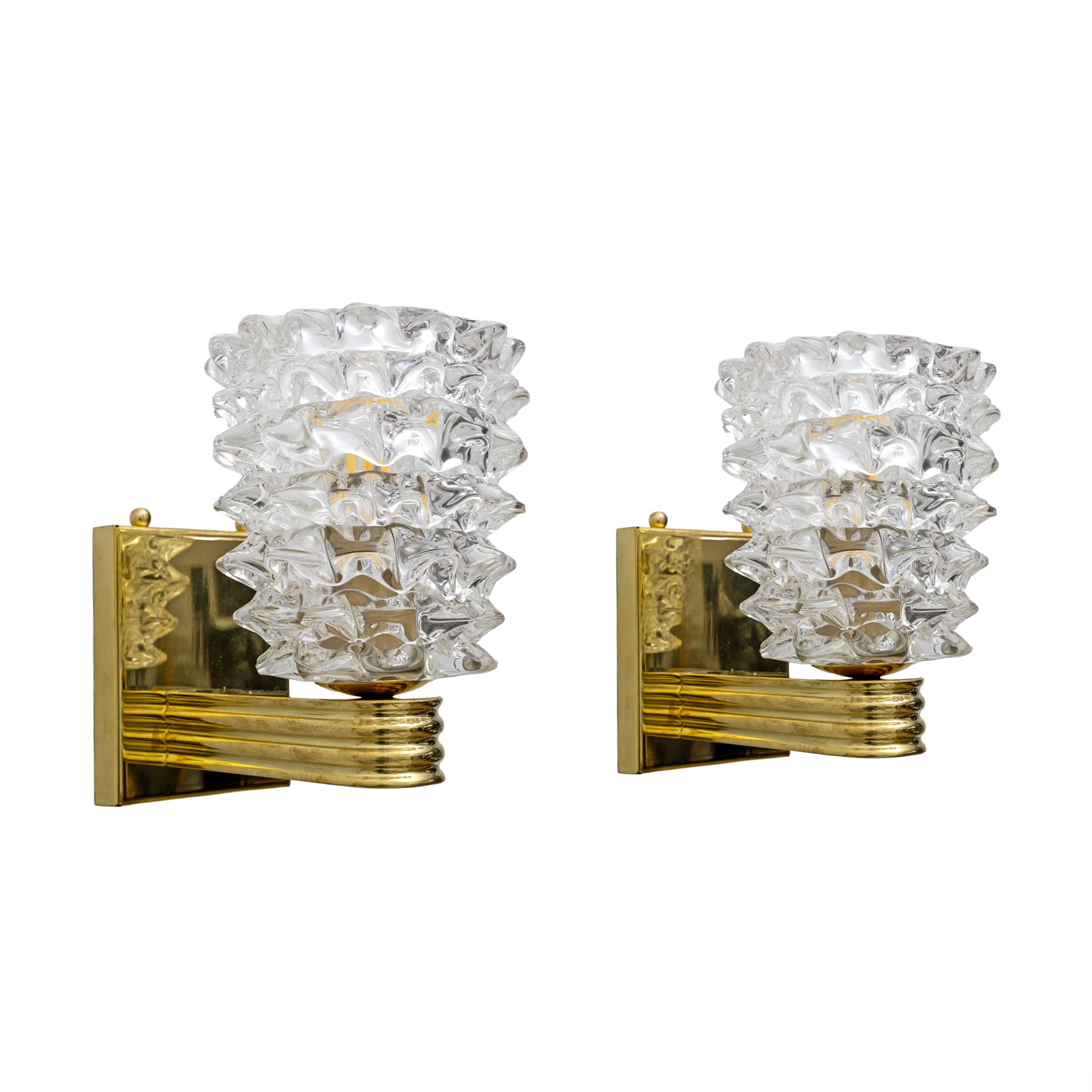 Barovier & Toso Art Dèco Style Brass and Rostrato Murano Glass Sconces, Pair