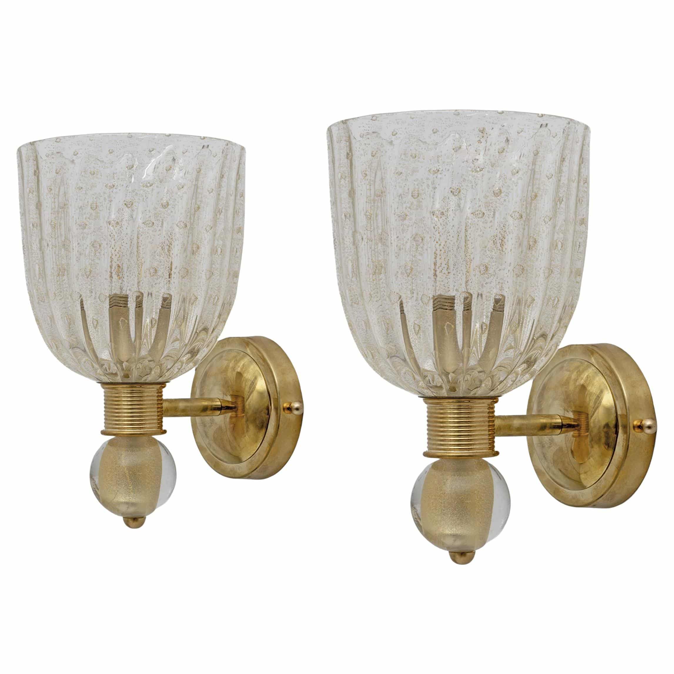 Attributed to Barovier & Toso Brass and Pulegoso Murano Glass Sconces, Pair