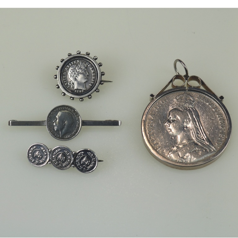 A collection of antique silver Coin Jewellery pendant & Brooches of various dates - Image 2