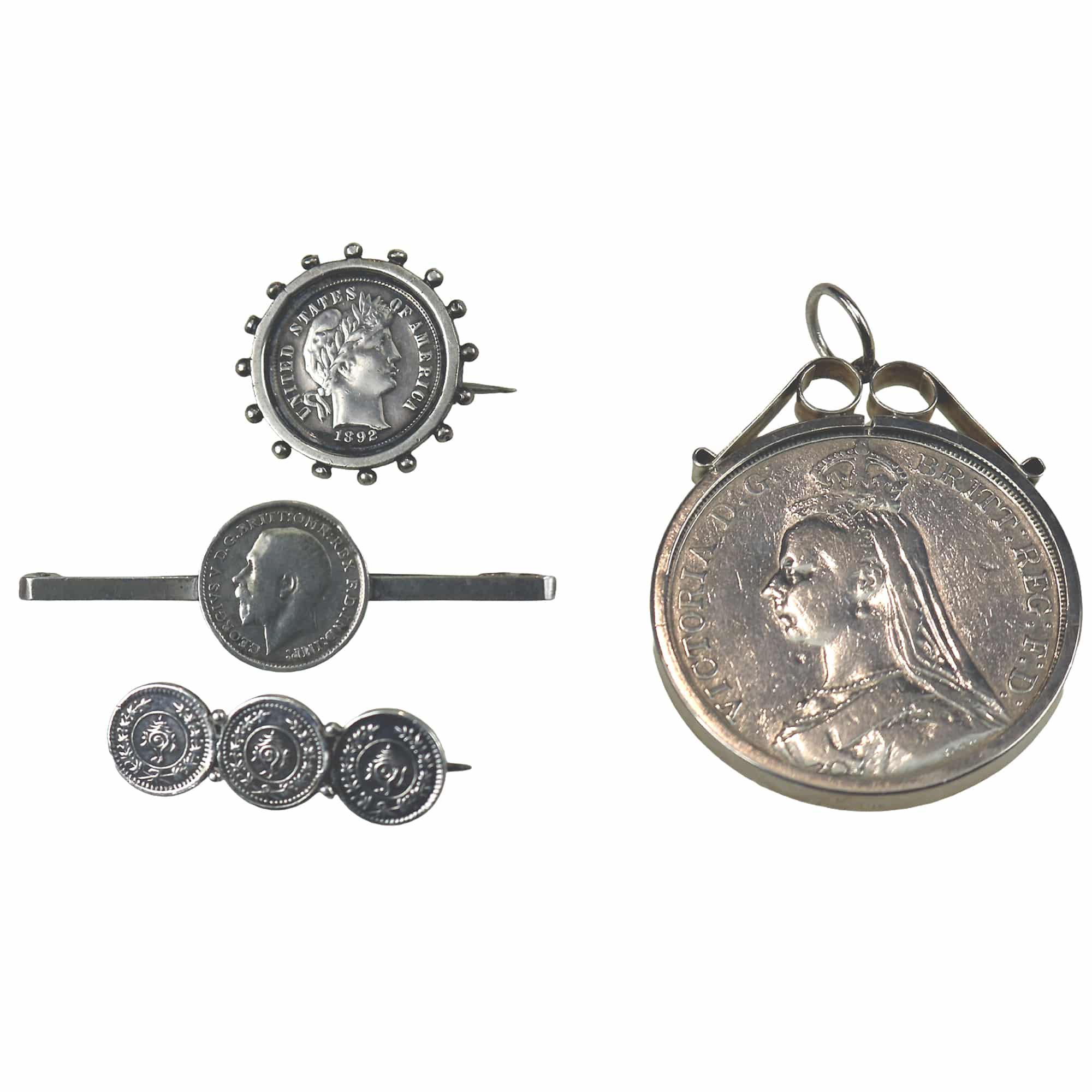 A collection of antique silver Coin Jewellery pendant & Brooches of various dates