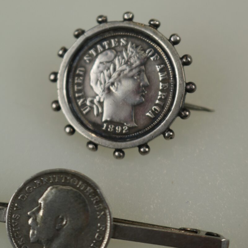 A collection of antique silver Coin Jewellery pendant & Brooches of various dates