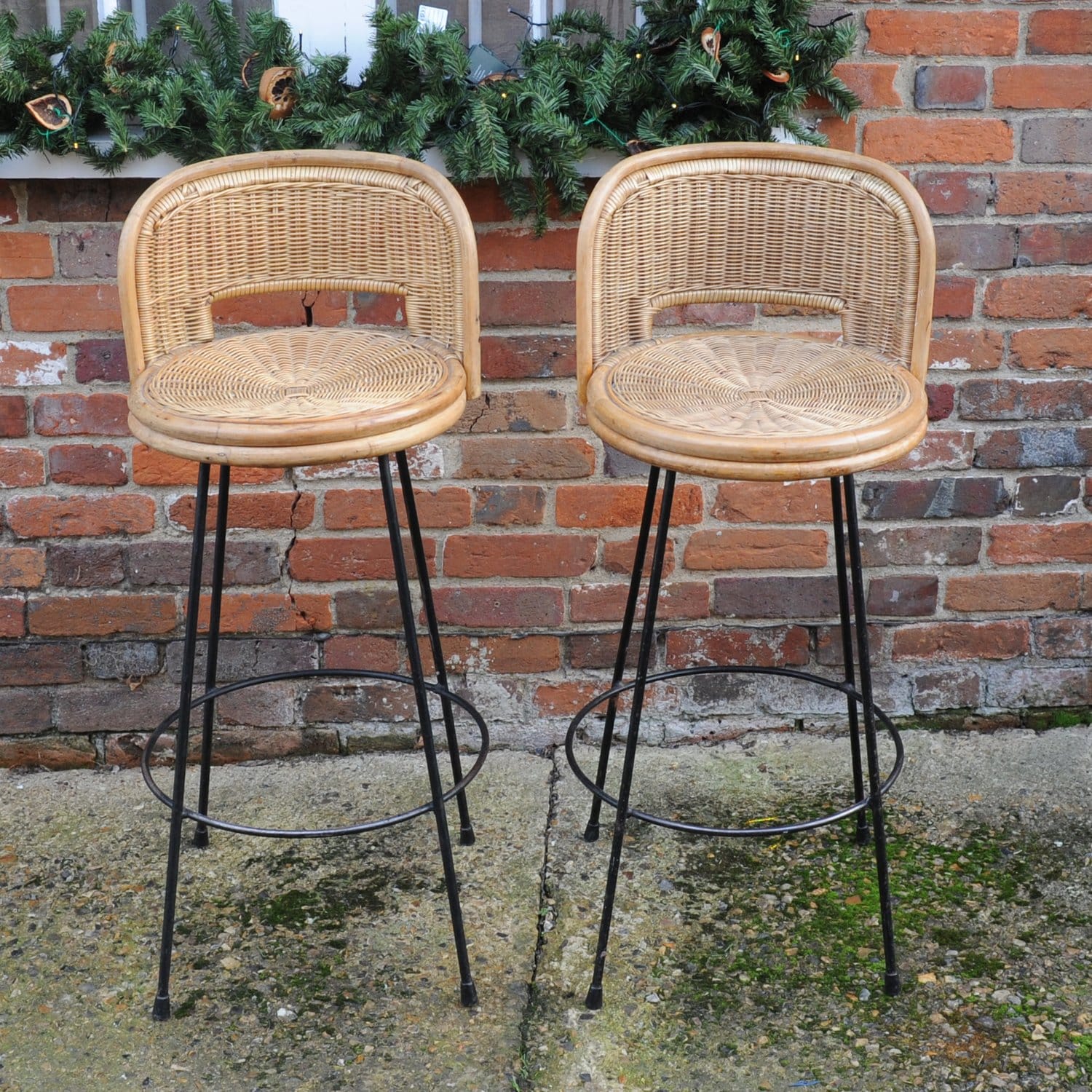 Vintage Cast Iron & Rattan Bar Stools, 1960s, x2