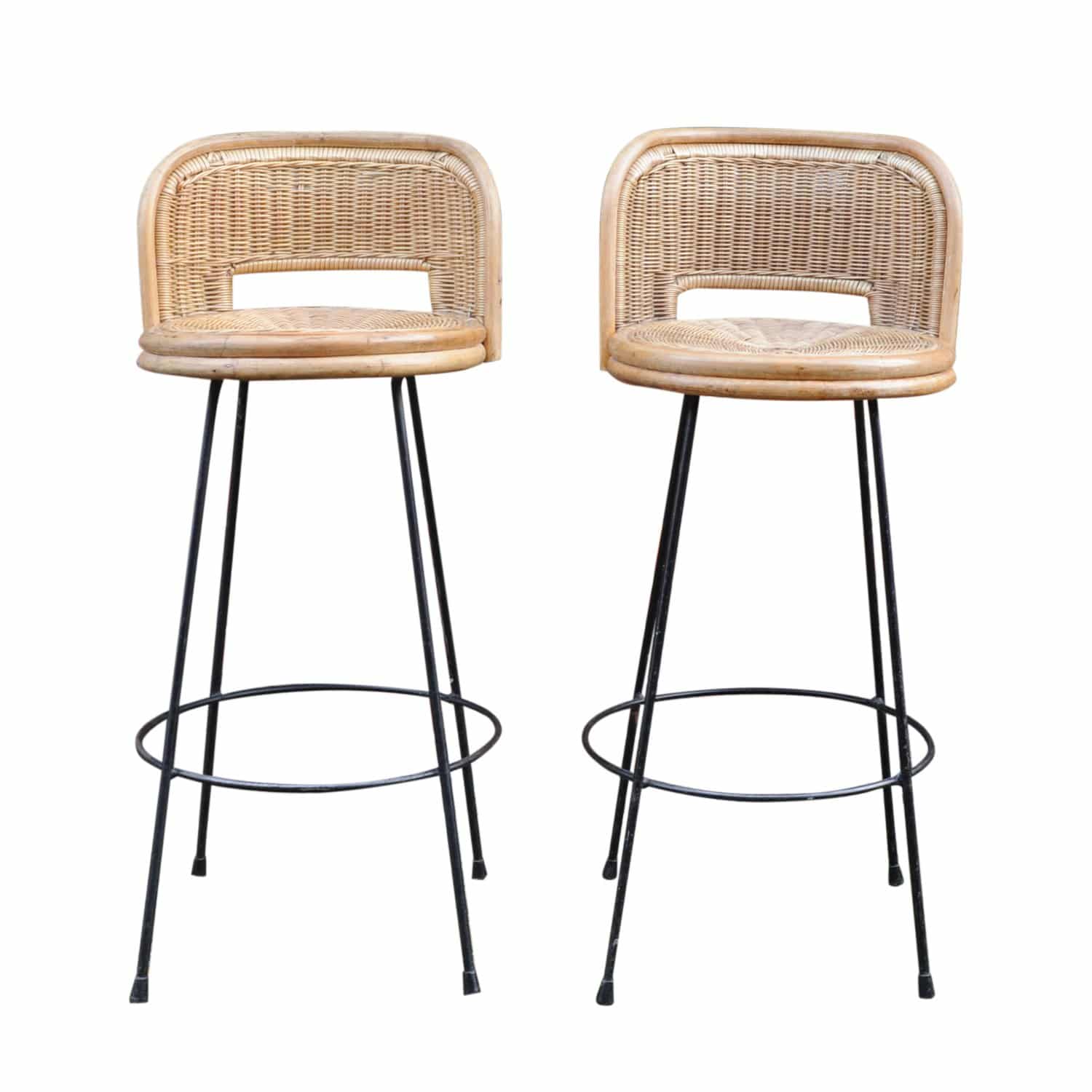 Vintage Cast Iron & Rattan Bar Stools, 1960s, x2