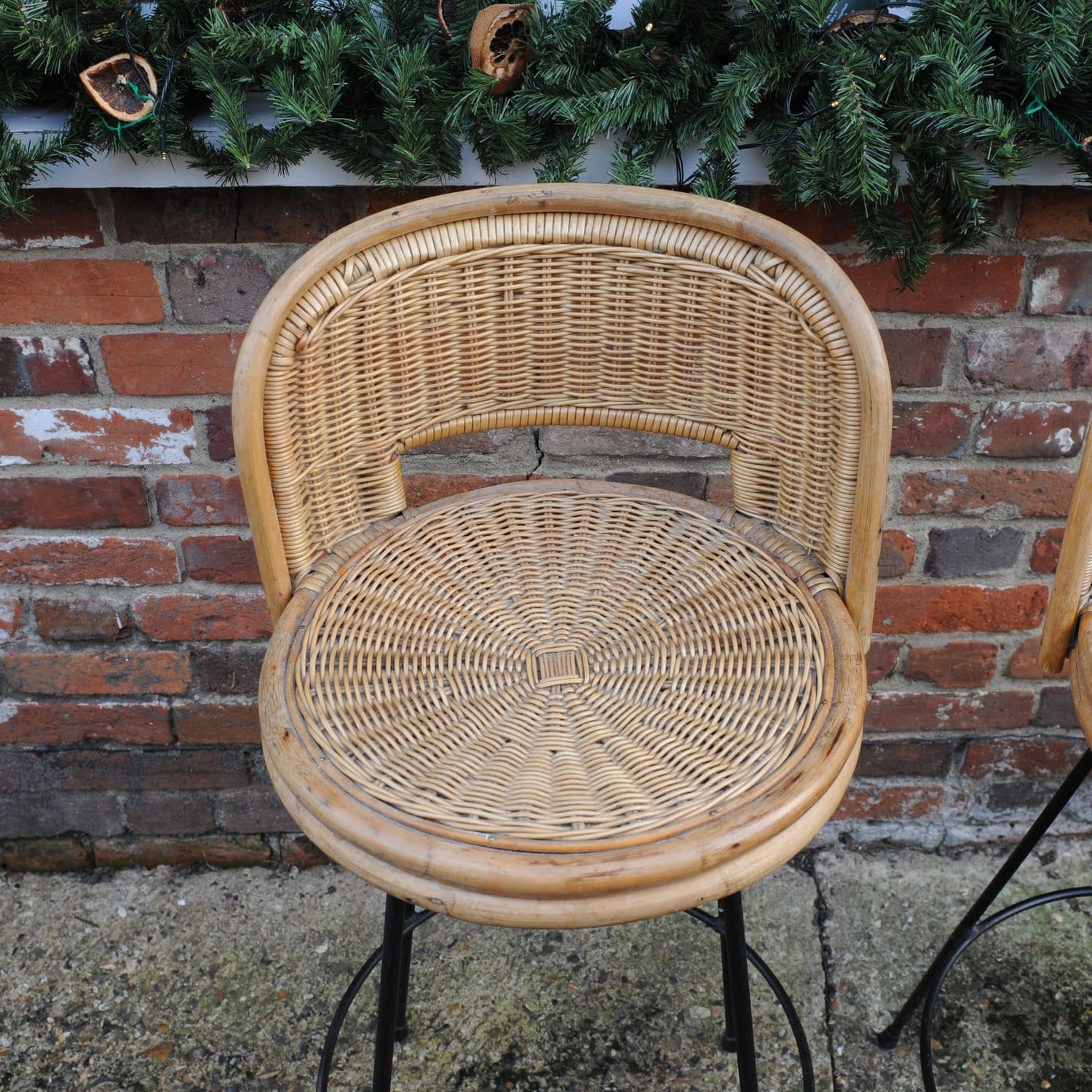 Vintage Cast Iron & Rattan Bar Stools, 1960s, x2