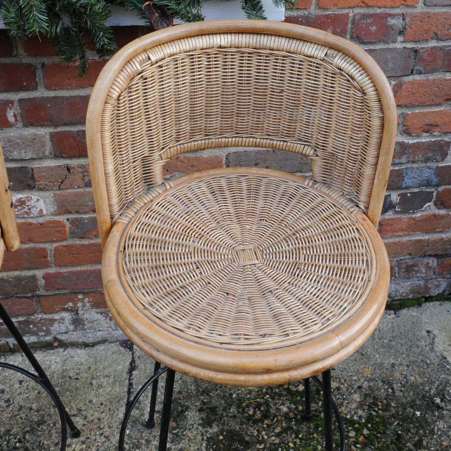 Vintage Cast Iron & Rattan Bar Stools, 1960s, x2