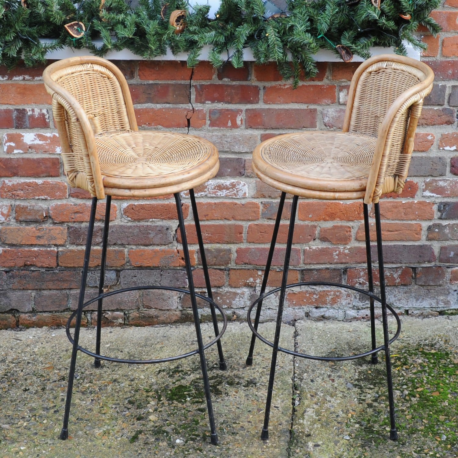 Vintage Cast Iron & Rattan Bar Stools, 1960s, x2
