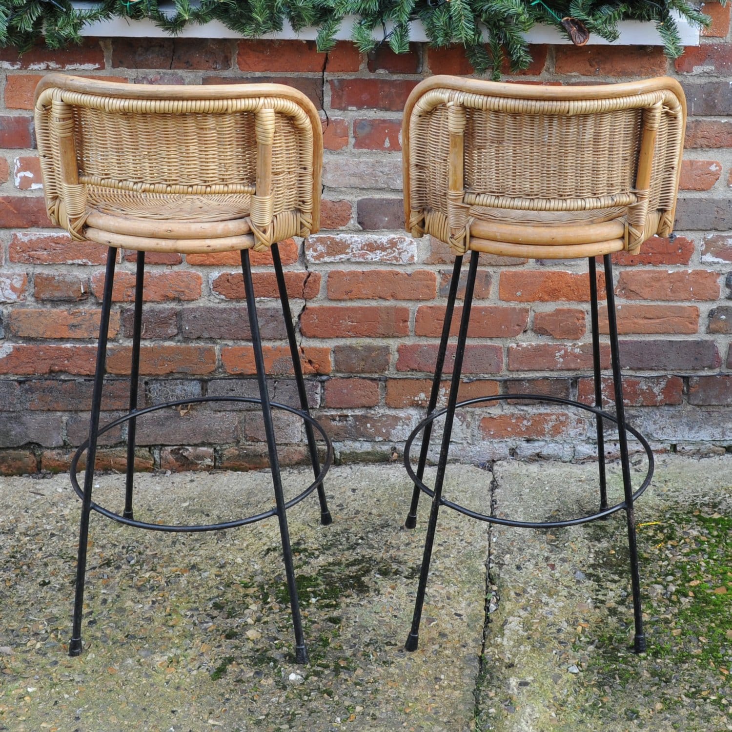 Vintage Cast Iron & Rattan Bar Stools, 1960s, x2