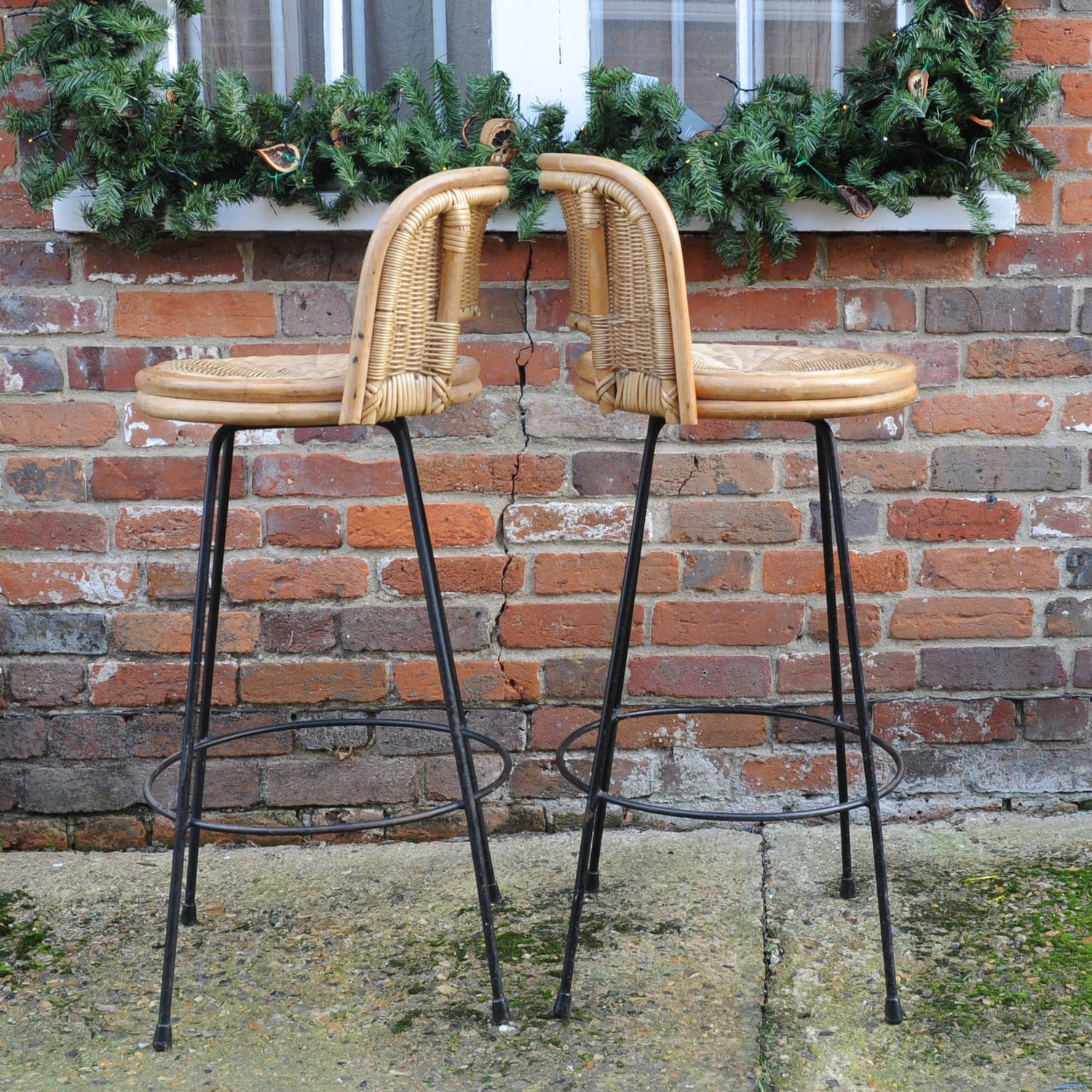 Vintage Cast Iron & Rattan Bar Stools, 1960s, x2