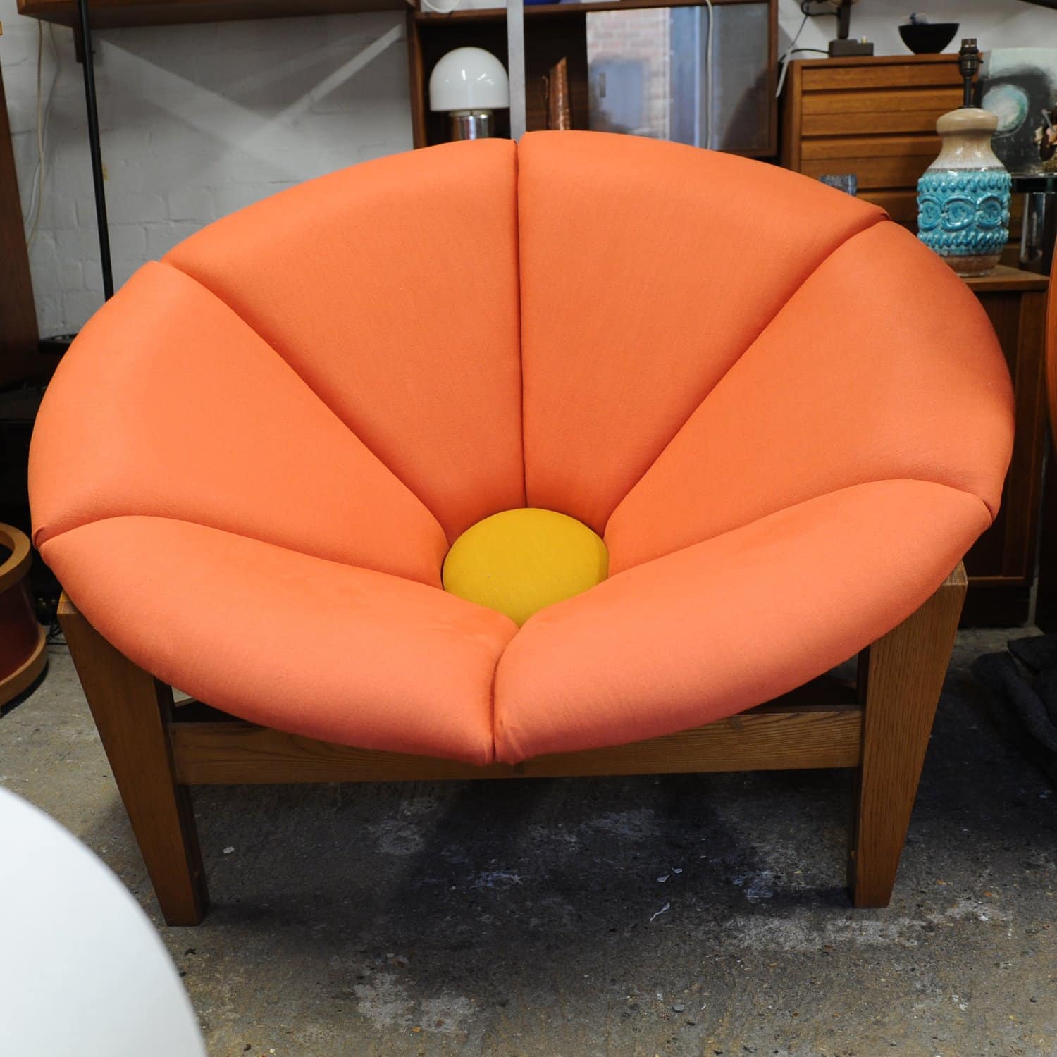 Mid Century Fibreglass Pink & Yellow Flower/ Daisy Chair On Wooden Tripod Stand, 1960s
