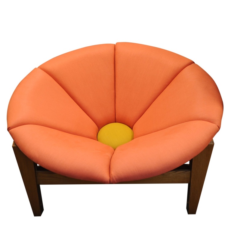 Mid Century Fibreglass Pink & Yellow Flower/ Daisy Chair On Wooden Tripod Stand, 1960s