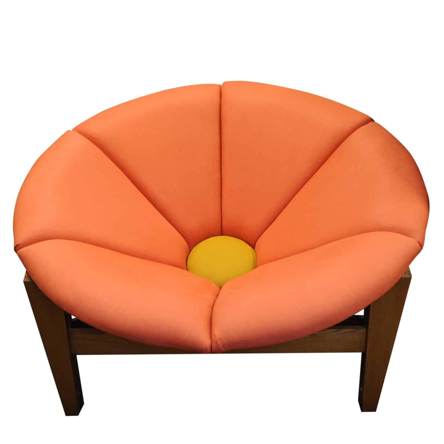 Mid Century Fibreglass Pink & Yellow Flower/ Daisy Chair On Wooden Tripod Stand, 1960s