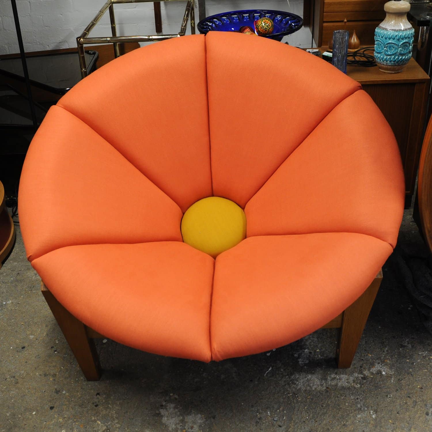 Mid Century Fibreglass Pink & Yellow Flower/ Daisy Chair On Wooden Tripod Stand, 1960s