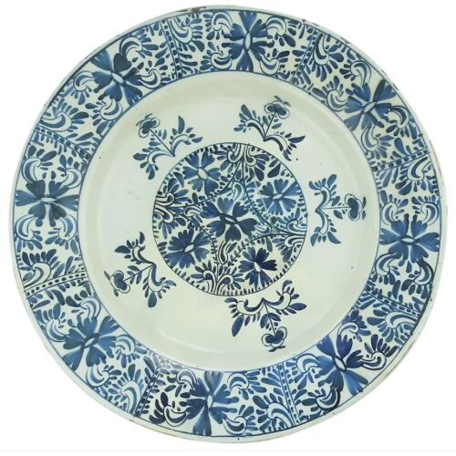 An unusual antique Georgian hand-painted Dutch Delft pottery Charger C.18thC